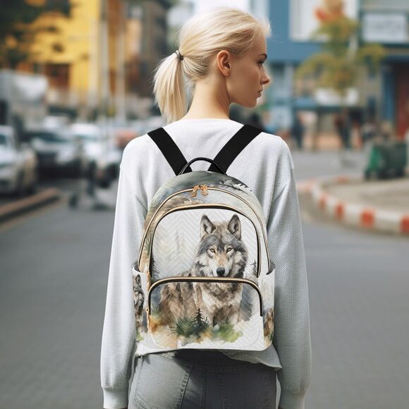 8261 Forest Wolf Small Backpack Purse Travel Bag Lightweight Shoulder Bag
